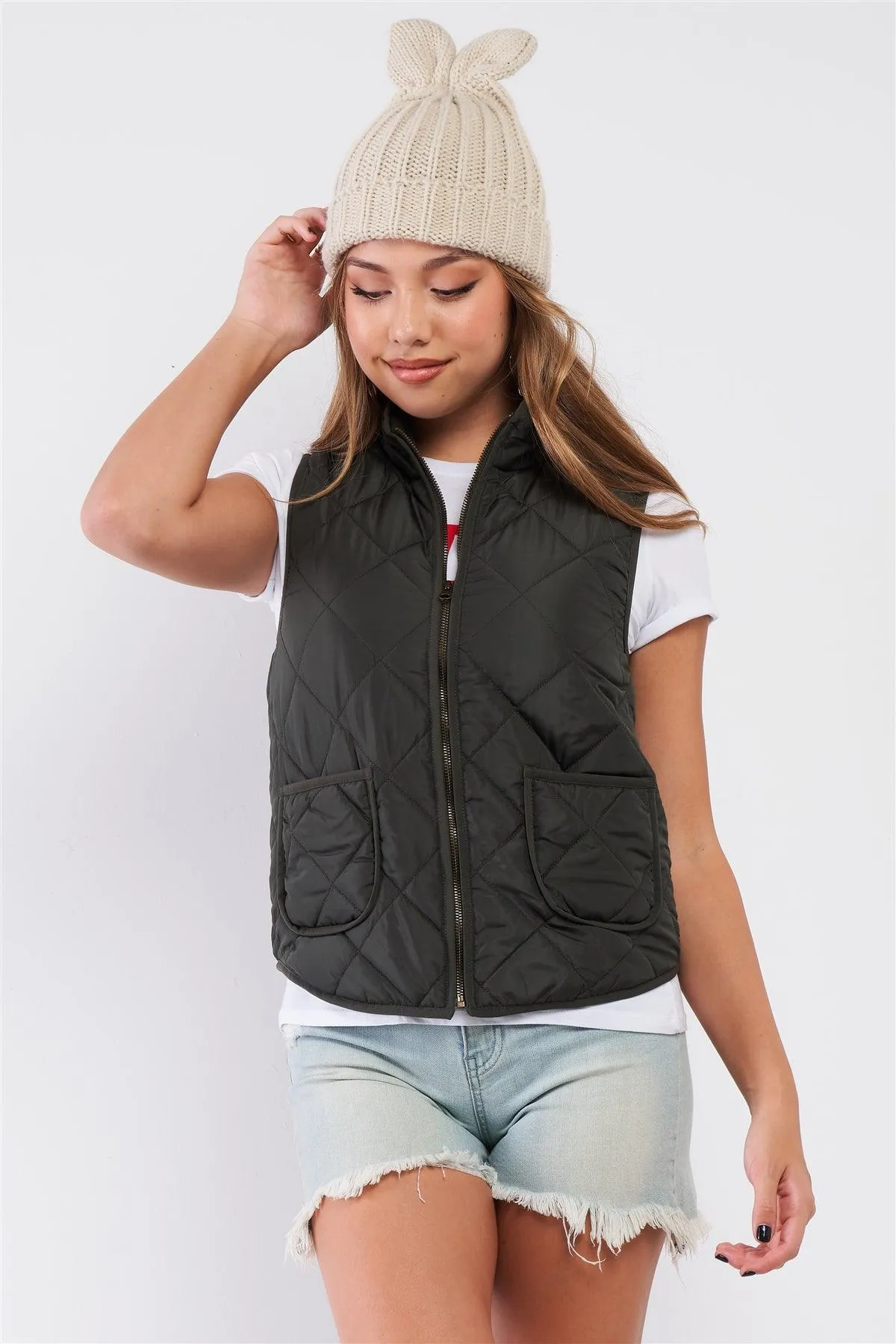 Olive Quilted Puff Two Pockets Zip-Up Turtleneck Vest /1-2-2