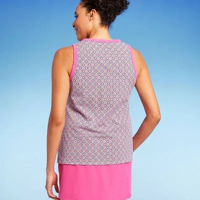 Open Box - Lands' End Women's UPF 50 Geo Print High Neck Tankini Top - Pink/Orange S