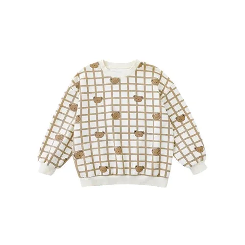 Petite Bear: Plaid Bear Pattern Pullover Sweatshirt