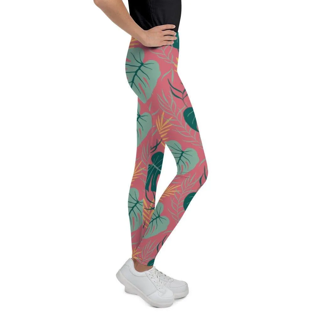 Pink Tropical Leaves Youth Leggings