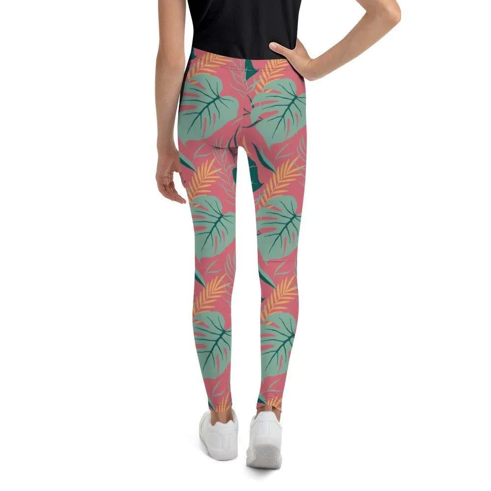 Pink Tropical Leaves Youth Leggings