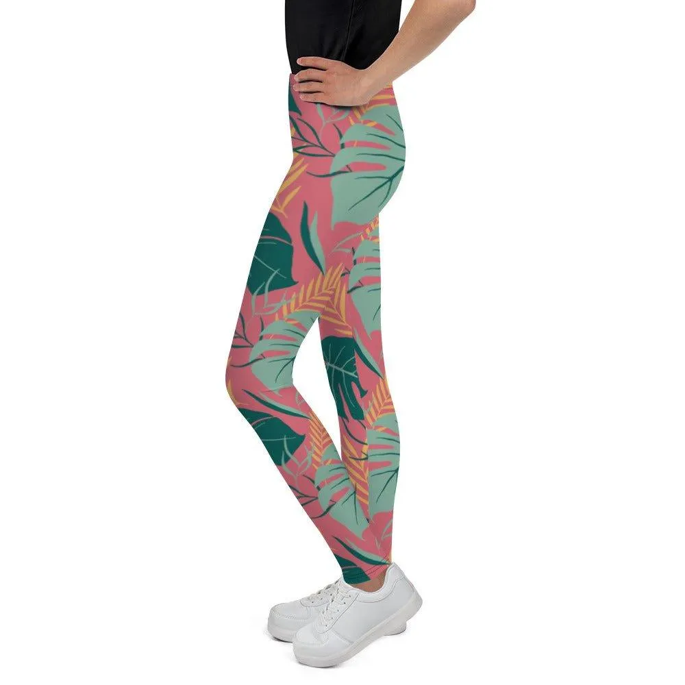 Pink Tropical Leaves Youth Leggings
