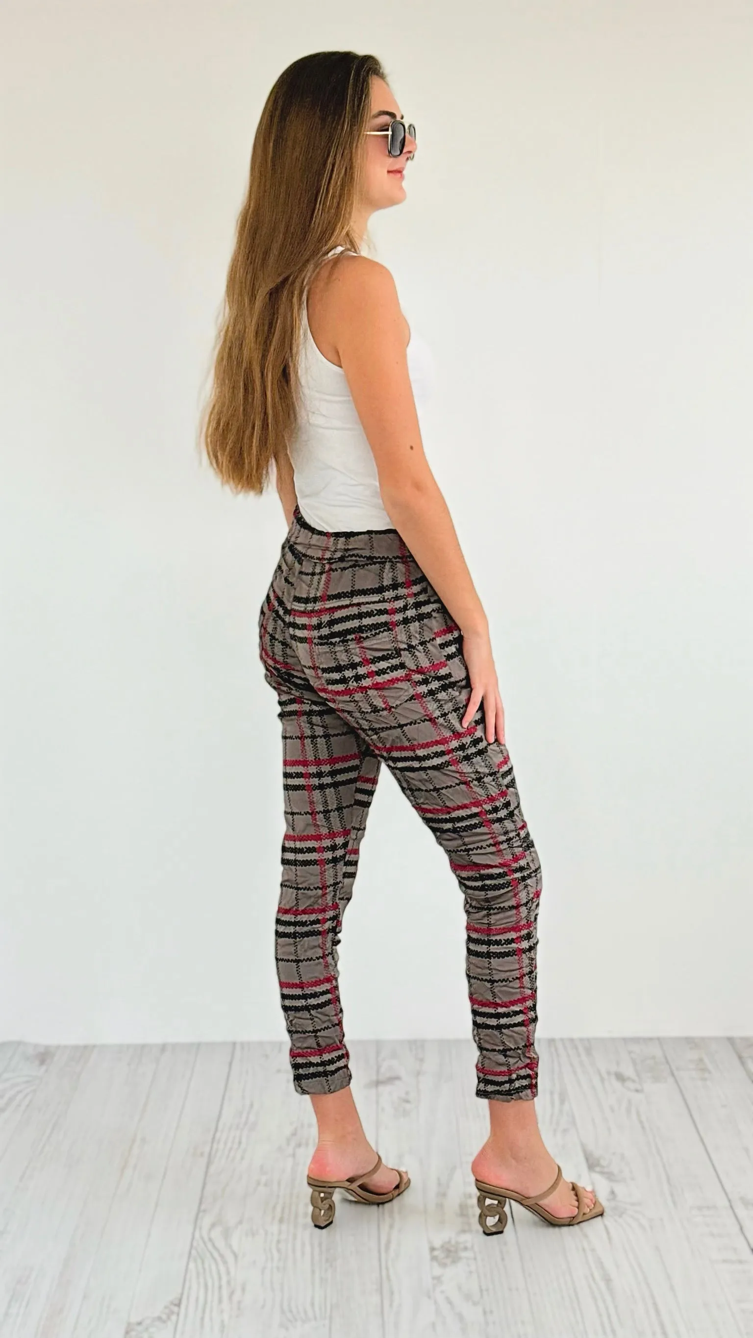 Plaid Wish List Italian Joggers- Dark Taupe