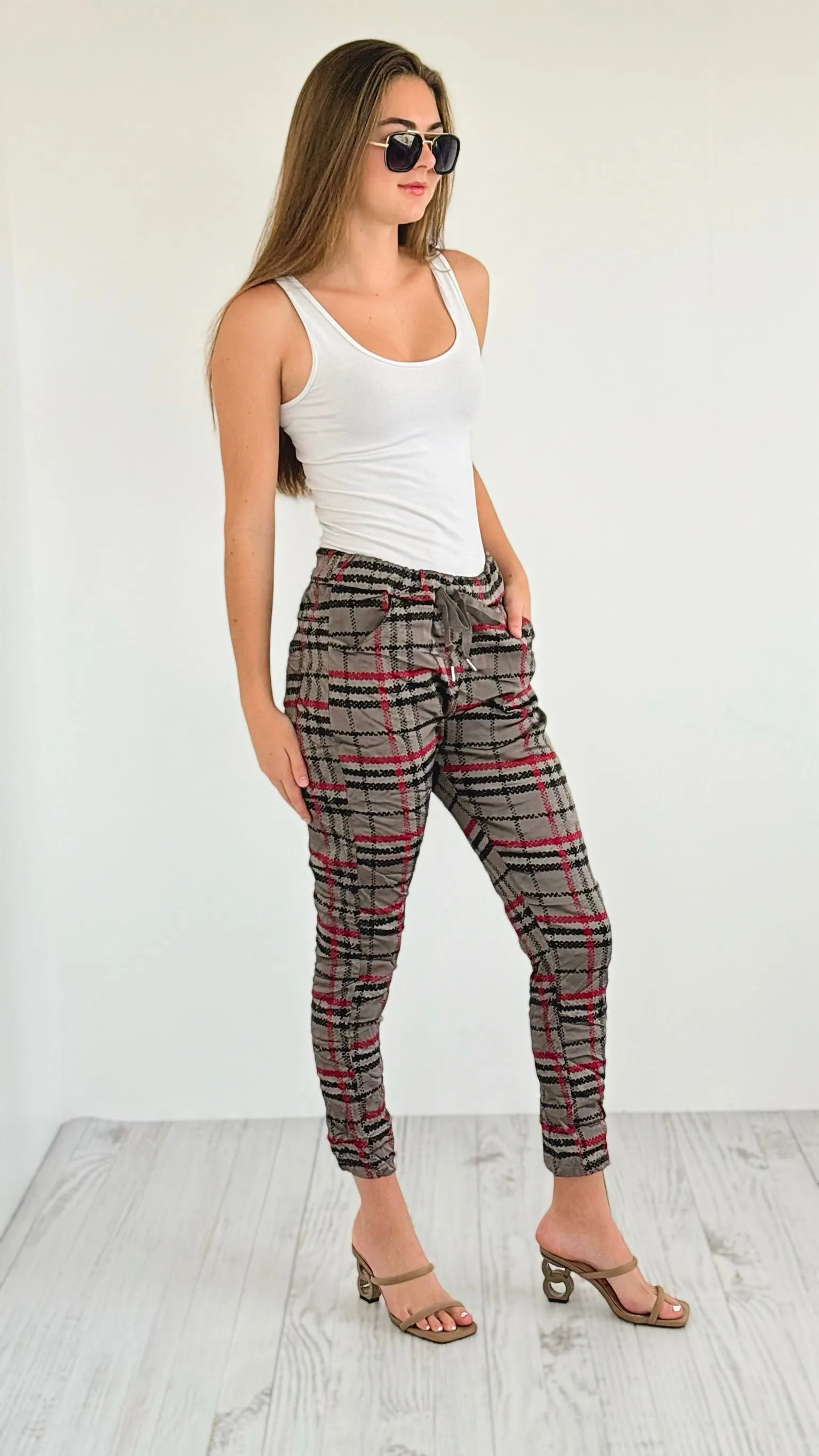 Plaid Wish List Italian Joggers- Dark Taupe
