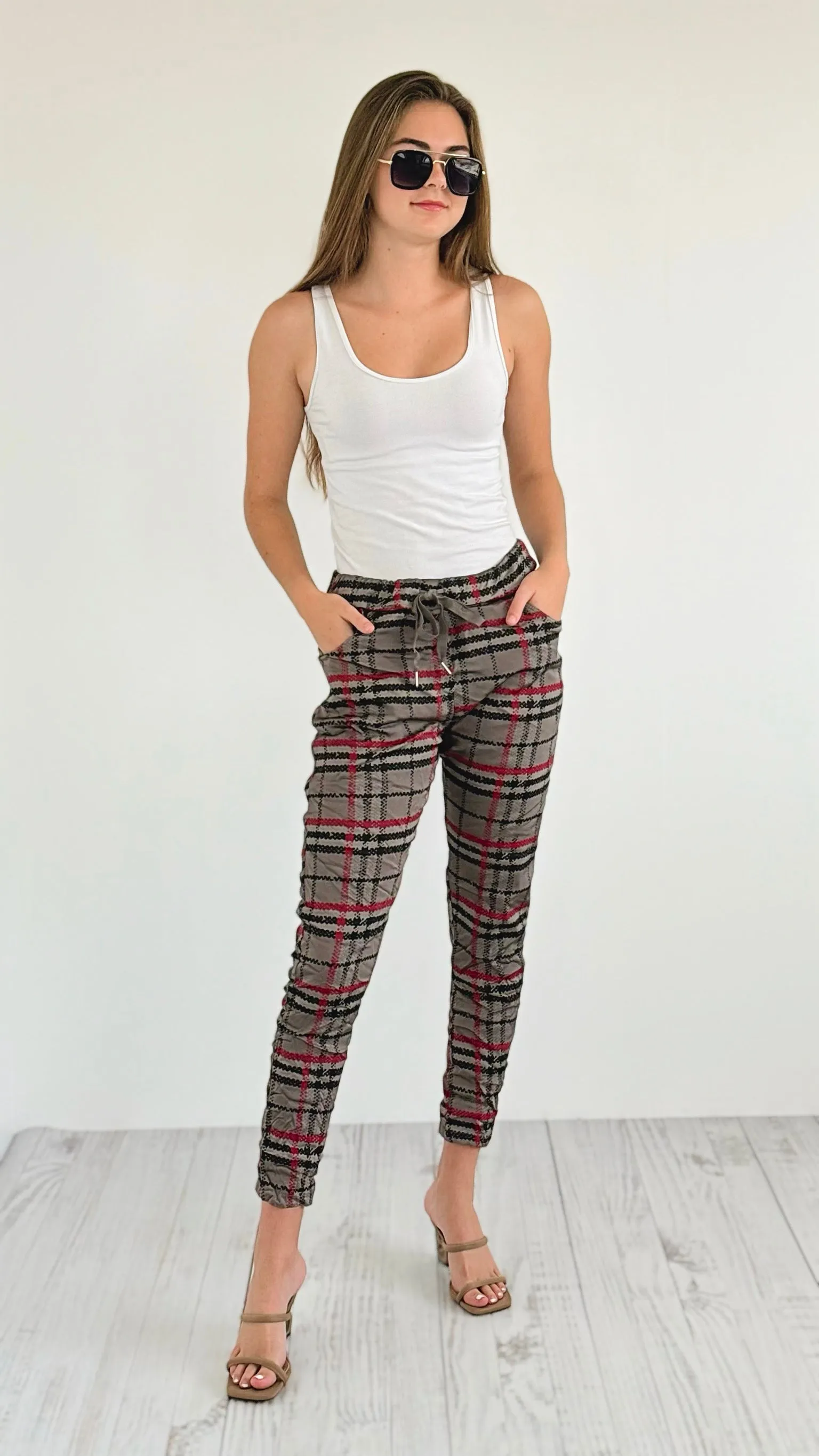 Plaid Wish List Italian Joggers- Dark Taupe