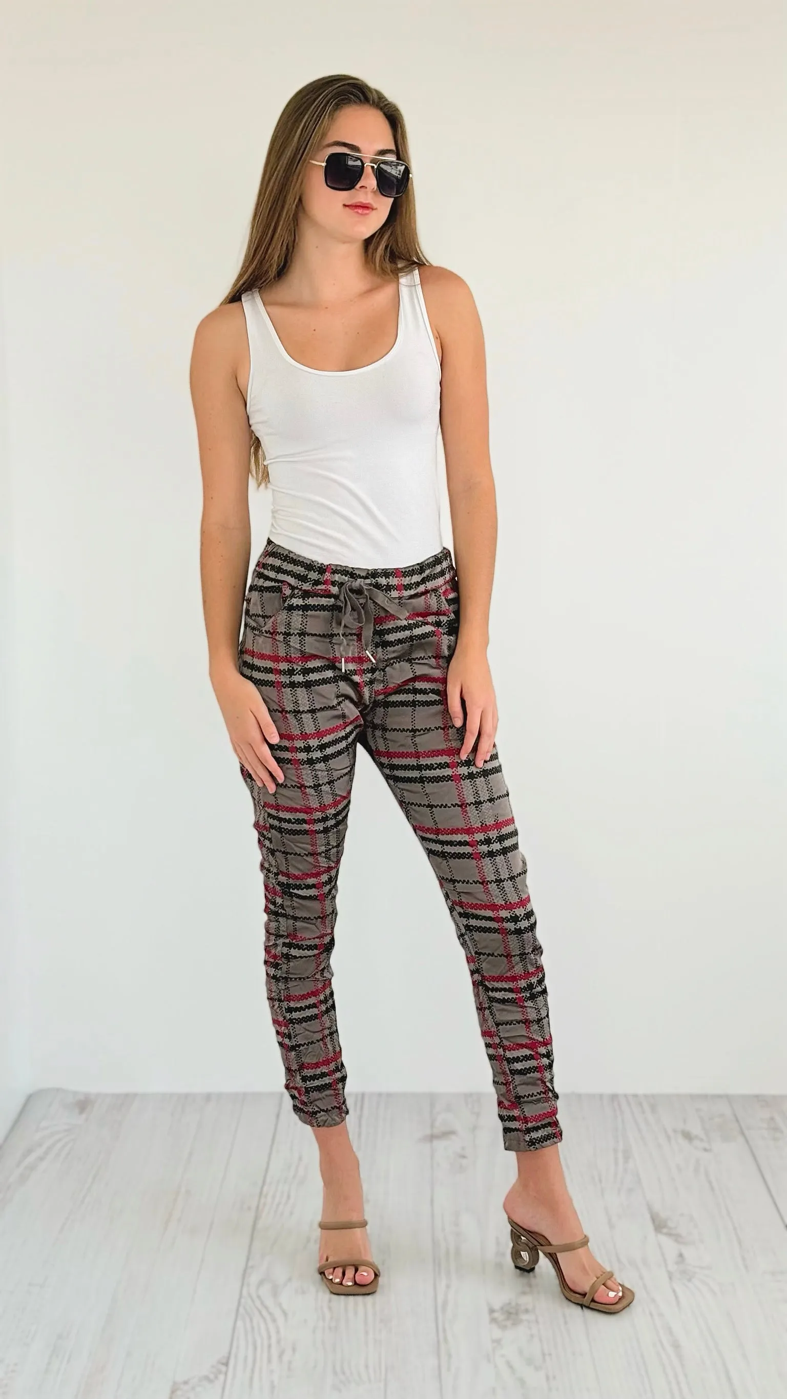 Plaid Wish List Italian Joggers- Dark Taupe