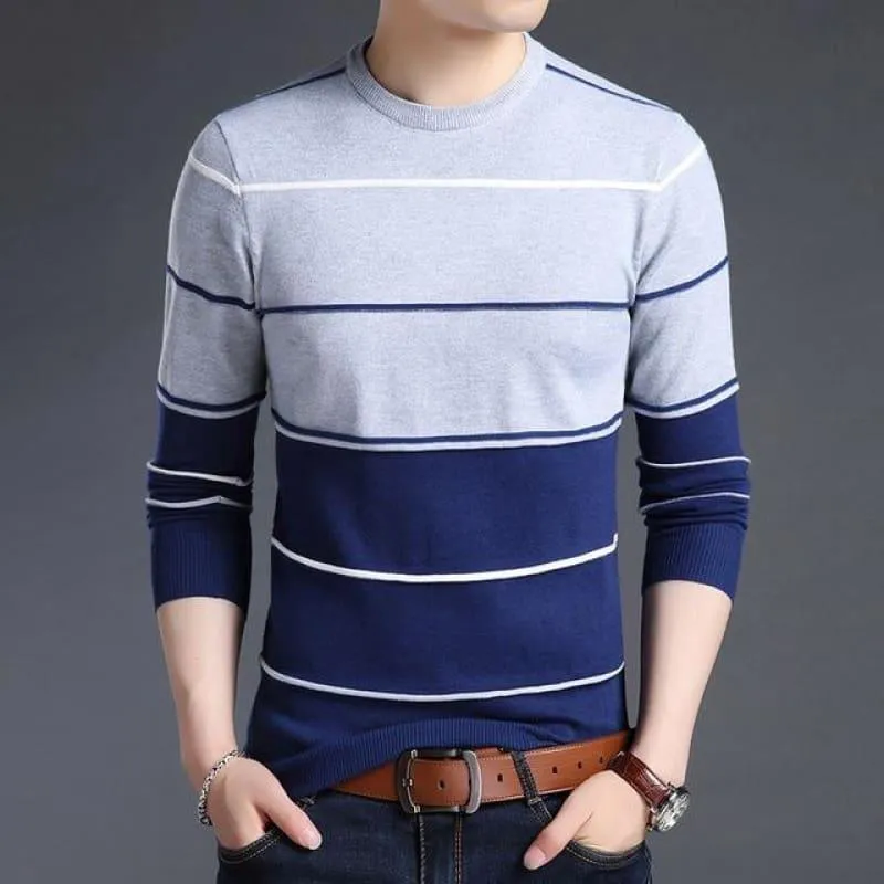 Pullover Striped Slim Fit Jumpers Knitted Woolen Autumn Korean Style Casual Men Long Sleeve Shirt