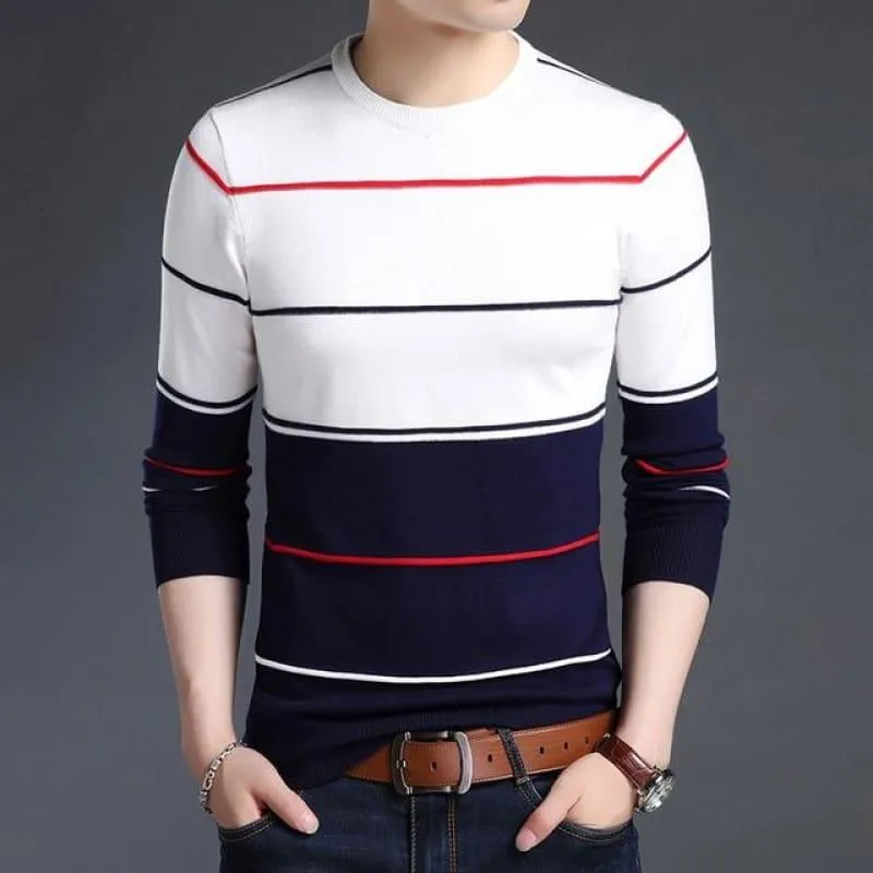 Pullover Striped Slim Fit Jumpers Knitted Woolen Autumn Korean Style Casual Men Long Sleeve Shirt