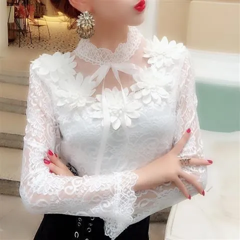Purpdrank - Women Shirts Lace Long Sleeve Blouse Bow Sweet Floral Hollow Lace Blouses Shirt Female Mesh Blusas 2023 Spring Women Tops