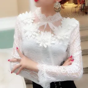 Purpdrank - Women Shirts Lace Long Sleeve Blouse Bow Sweet Floral Hollow Lace Blouses Shirt Female Mesh Blusas 2023 Spring Women Tops