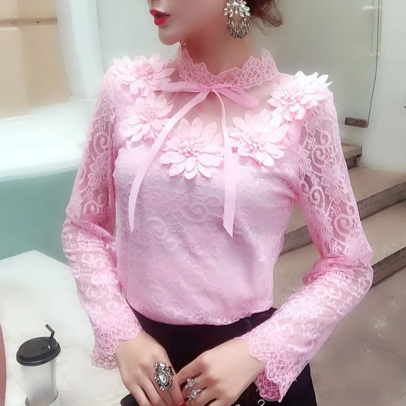 Purpdrank - Women Shirts Lace Long Sleeve Blouse Bow Sweet Floral Hollow Lace Blouses Shirt Female Mesh Blusas 2023 Spring Women Tops