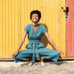 R: Midi TORINO wide leg linen jumpsuit (Size: XS; Color: Dark Turquoise; Inseam 4cm longer)