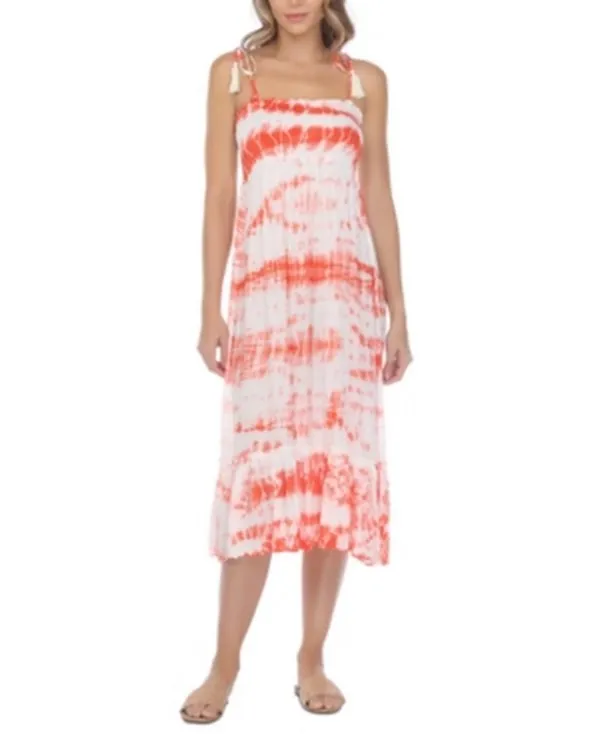 Raviya Womens Coral Tie Dye Stretch Tie Ruffled Midi Dress Smocked Adjustable