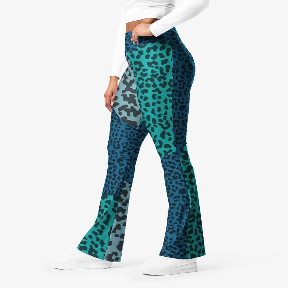 Recycled Flare leggings "Frankencheetah" Blue/Teal