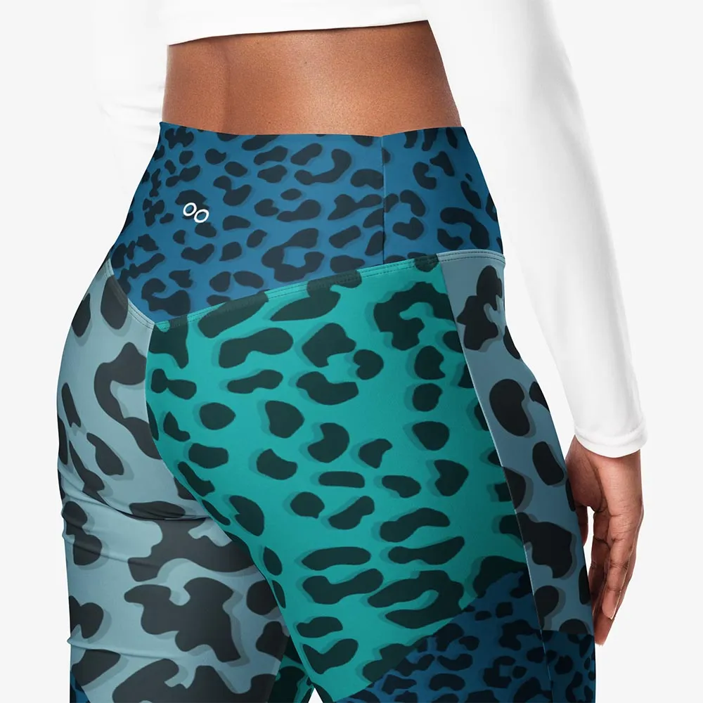 Recycled Flare leggings "Frankencheetah" Blue/Teal