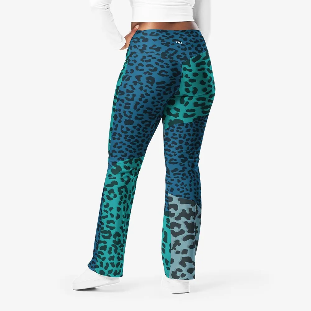 Recycled Flare leggings "Frankencheetah" Blue/Teal
