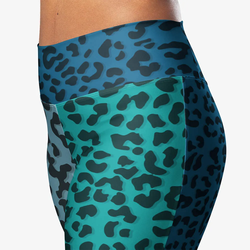 Recycled Flare leggings "Frankencheetah" Blue/Teal