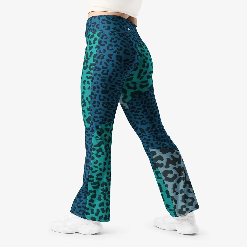 Recycled Flare leggings "Frankencheetah" Blue/Teal