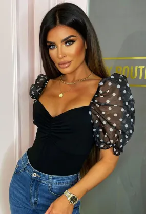 Romantic Sweetheart Black Polkadot Puff Sleeve Bodysuit