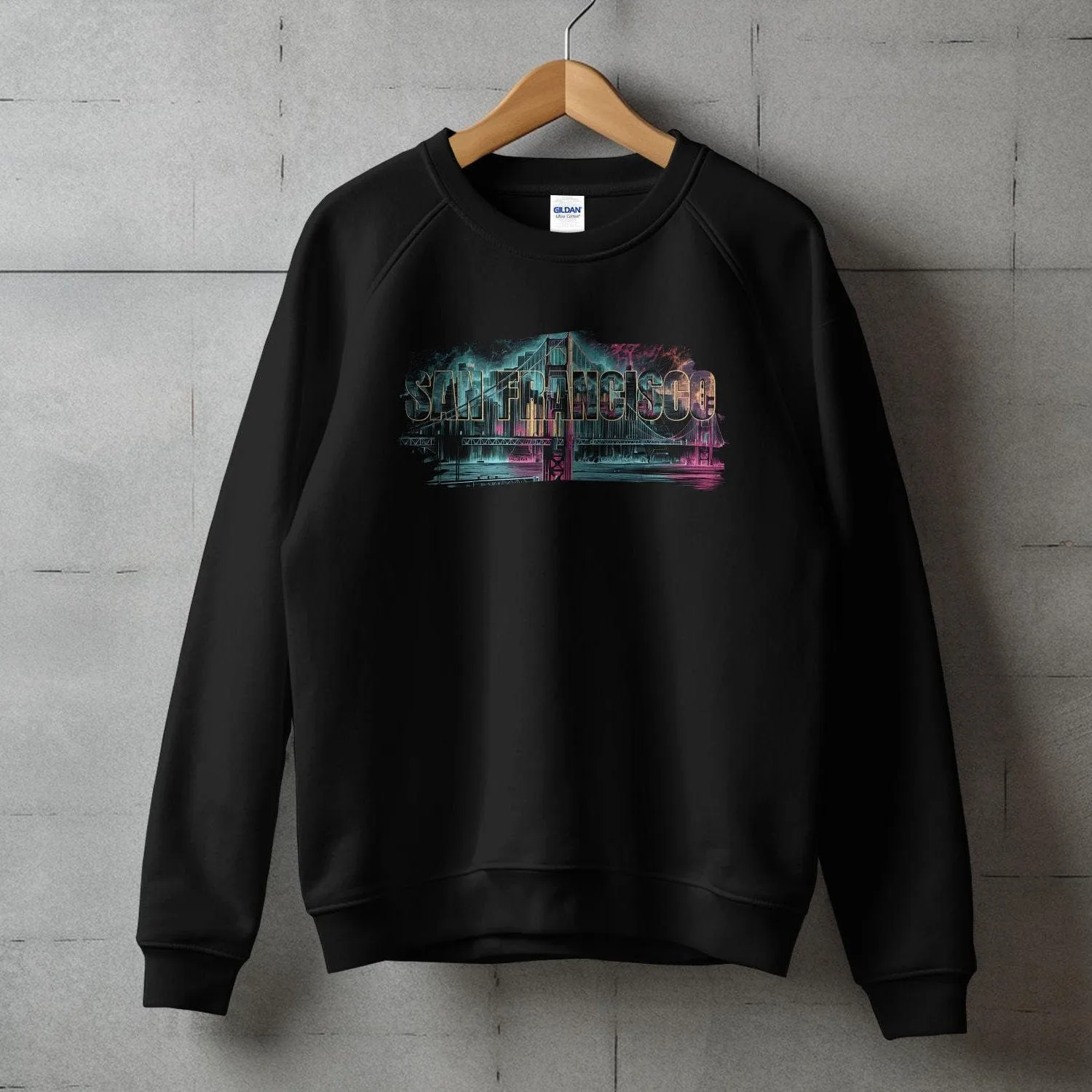 San Francisco Skyline T-Shirt, Urban Cityscape Graphic Tee, Neon Colors Artistic Design, Golden Gate Bridge Unisex Sweatshirt