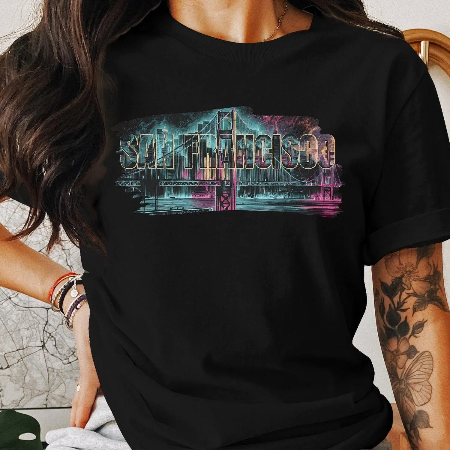 San Francisco Skyline T-Shirt, Urban Cityscape Graphic Tee, Neon Colors Artistic Design, Golden Gate Bridge Unisex Sweatshirt
