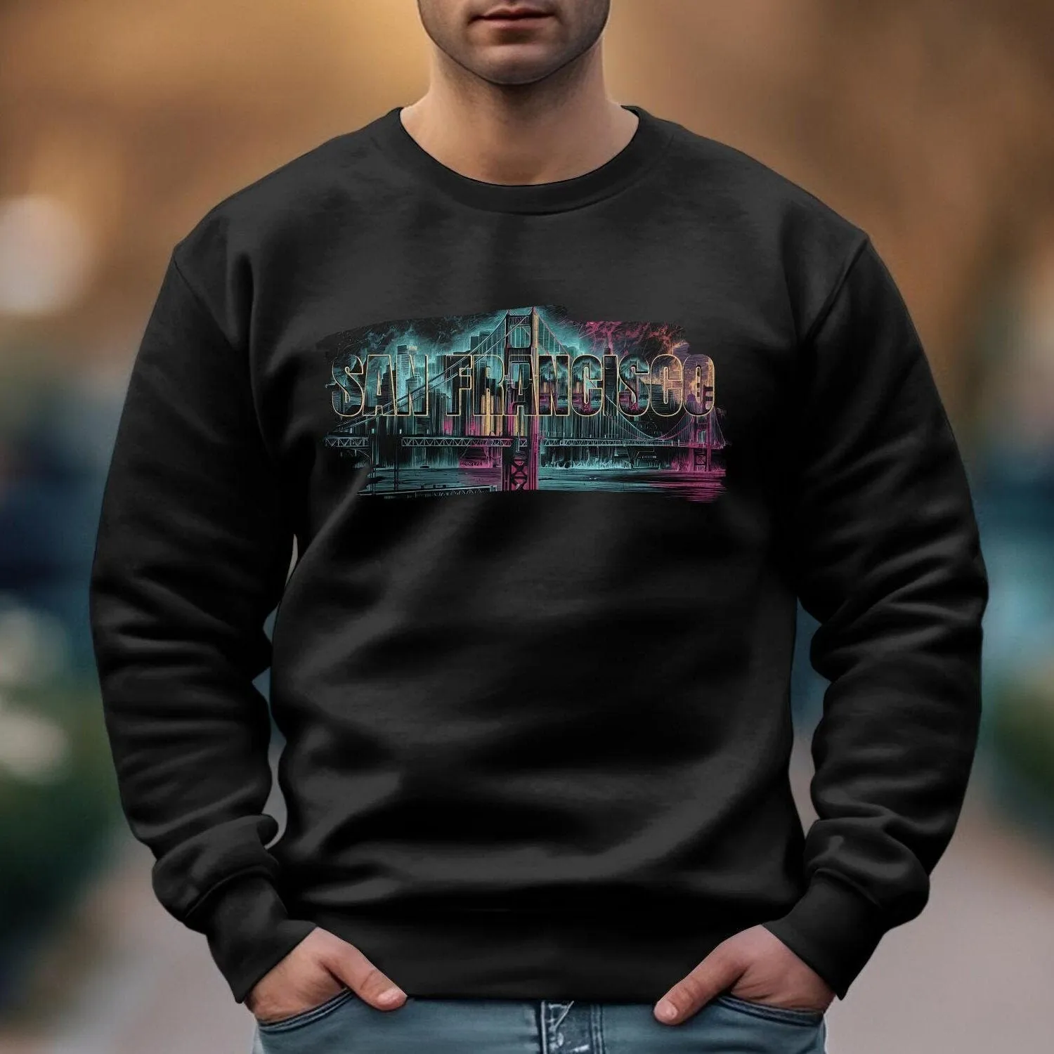 San Francisco Skyline T-Shirt, Urban Cityscape Graphic Tee, Neon Colors Artistic Design, Golden Gate Bridge Unisex Sweatshirt