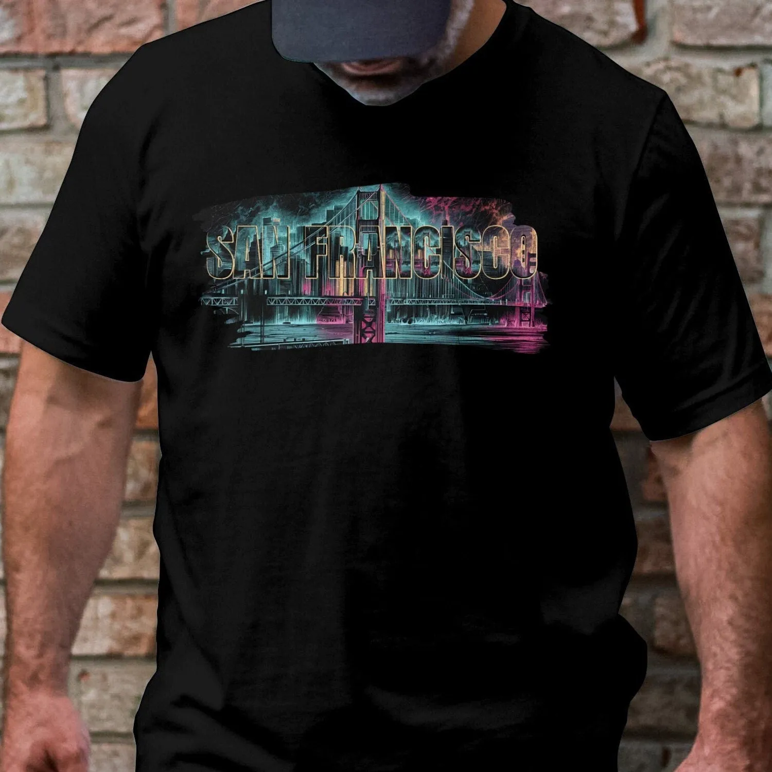 San Francisco Skyline T-Shirt, Urban Cityscape Graphic Tee, Neon Colors Artistic Design, Golden Gate Bridge Unisex Sweatshirt