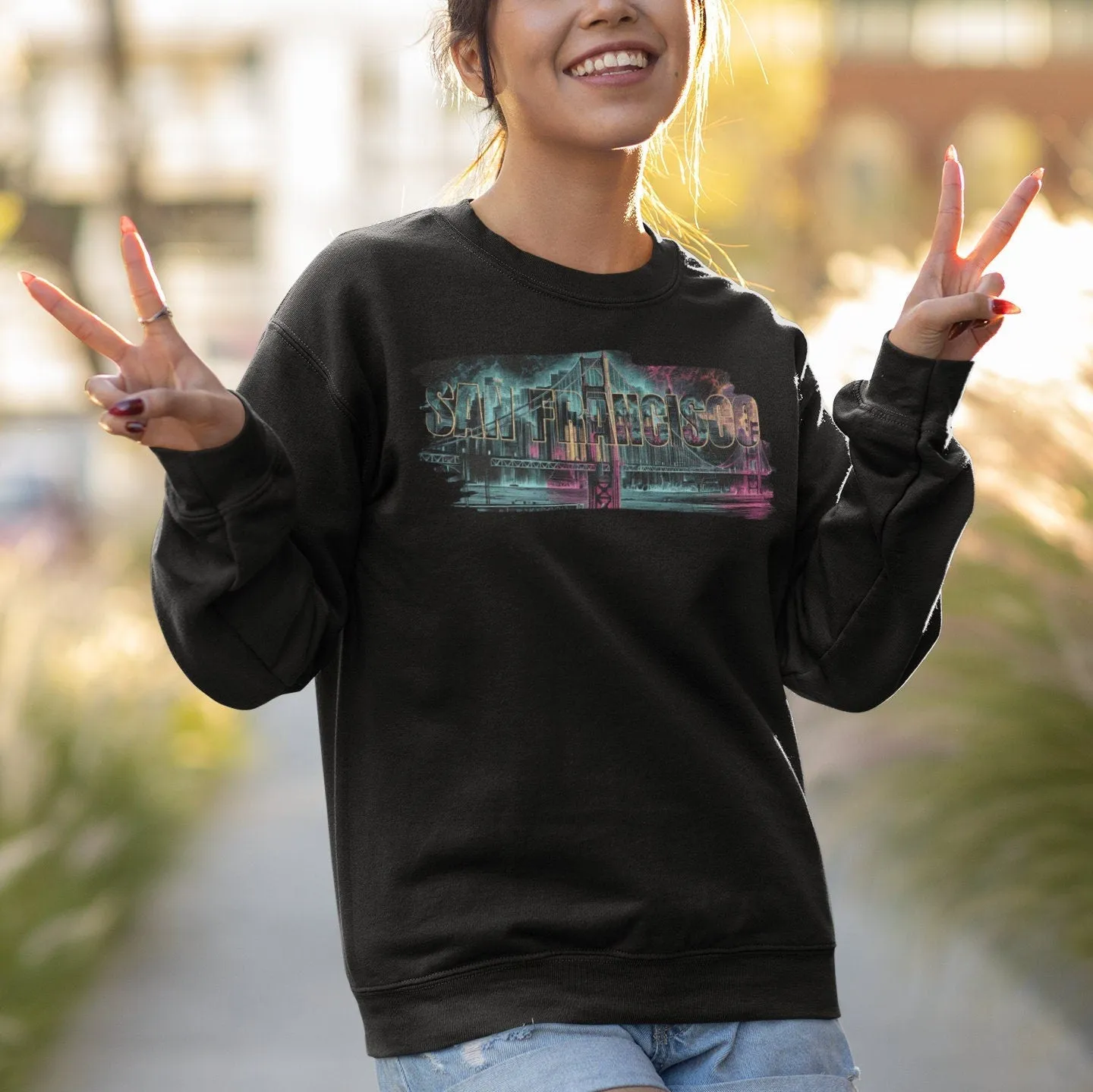 San Francisco Skyline T-Shirt, Urban Cityscape Graphic Tee, Neon Colors Artistic Design, Golden Gate Bridge Unisex Sweatshirt