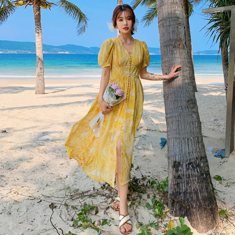 sealbeer Summer Bohemian Yellow Women's Senior Sense Chiffon V-neck High Waist Thin Temperament Elegant Fashion Seaside Resort Long Dress