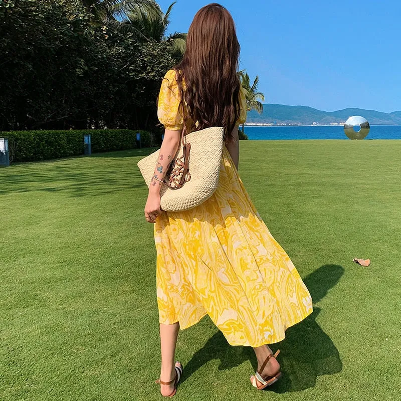 sealbeer Summer Bohemian Yellow Women's Senior Sense Chiffon V-neck High Waist Thin Temperament Elegant Fashion Seaside Resort Long Dress