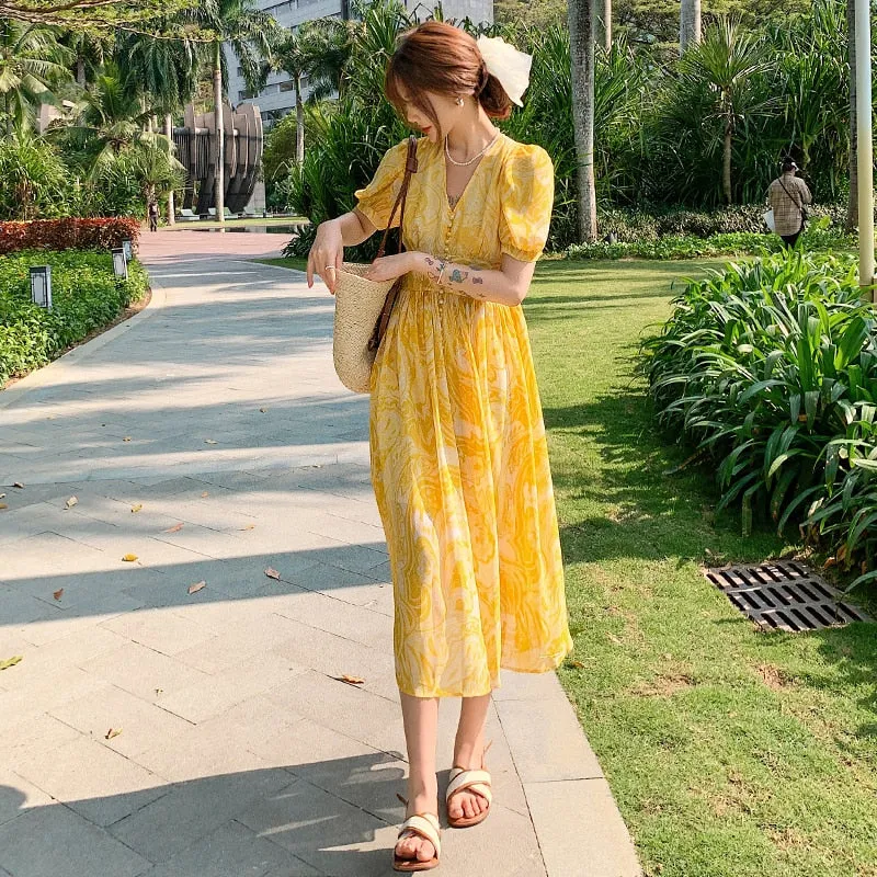 sealbeer Summer Bohemian Yellow Women's Senior Sense Chiffon V-neck High Waist Thin Temperament Elegant Fashion Seaside Resort Long Dress