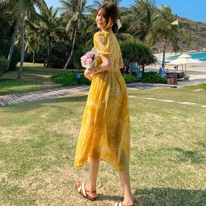 sealbeer Summer Bohemian Yellow Women's Senior Sense Chiffon V-neck High Waist Thin Temperament Elegant Fashion Seaside Resort Long Dress