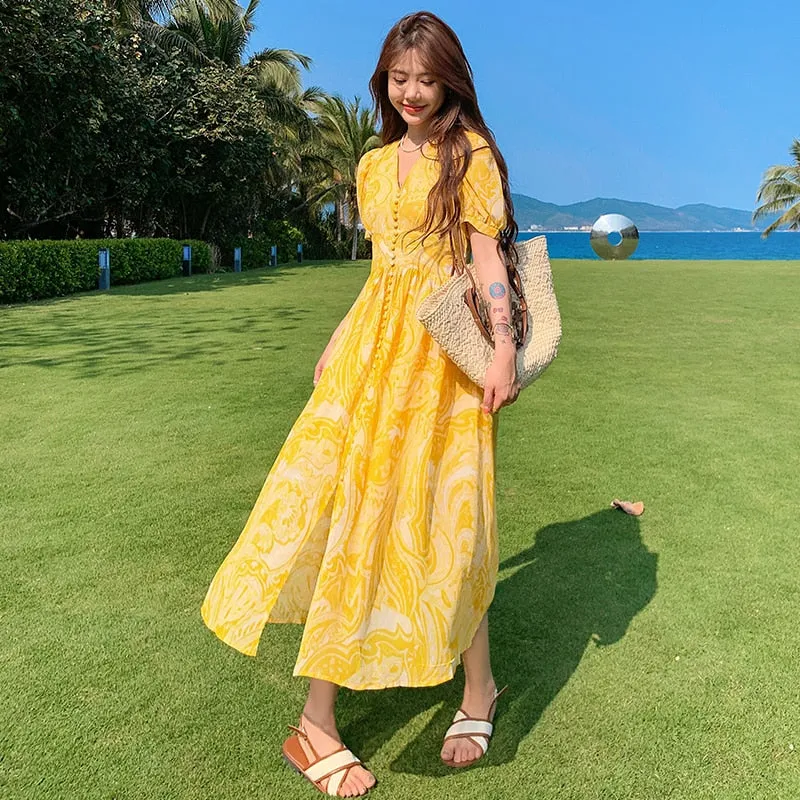 sealbeer Summer Bohemian Yellow Women's Senior Sense Chiffon V-neck High Waist Thin Temperament Elegant Fashion Seaside Resort Long Dress