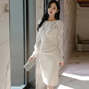 Sexy See Through Lace Patchwork Pencil Dress Women 2022 Spring Fall New Sheath Bodycon Dress Knee-length Tunic Vestidos