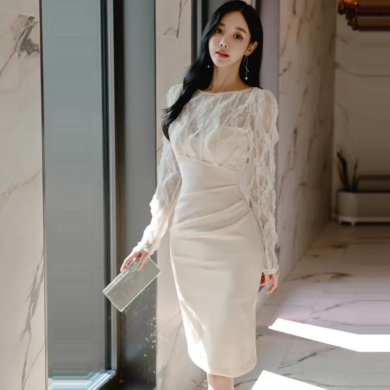 Sexy See Through Lace Patchwork Pencil Dress Women 2022 Spring Fall New Sheath Bodycon Dress Knee-length Tunic Vestidos