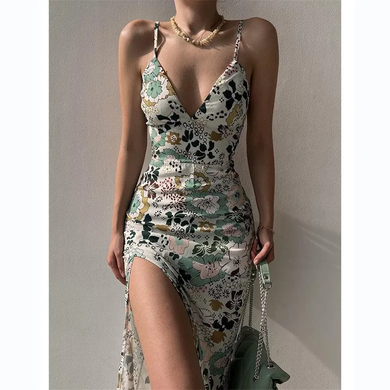 Sexy  V-Neck Backless Lace-up High Waist Floral Print Sleeveless Dress for Women