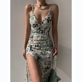 Sexy  V-Neck Backless Lace-up High Waist Floral Print Sleeveless Dress for Women