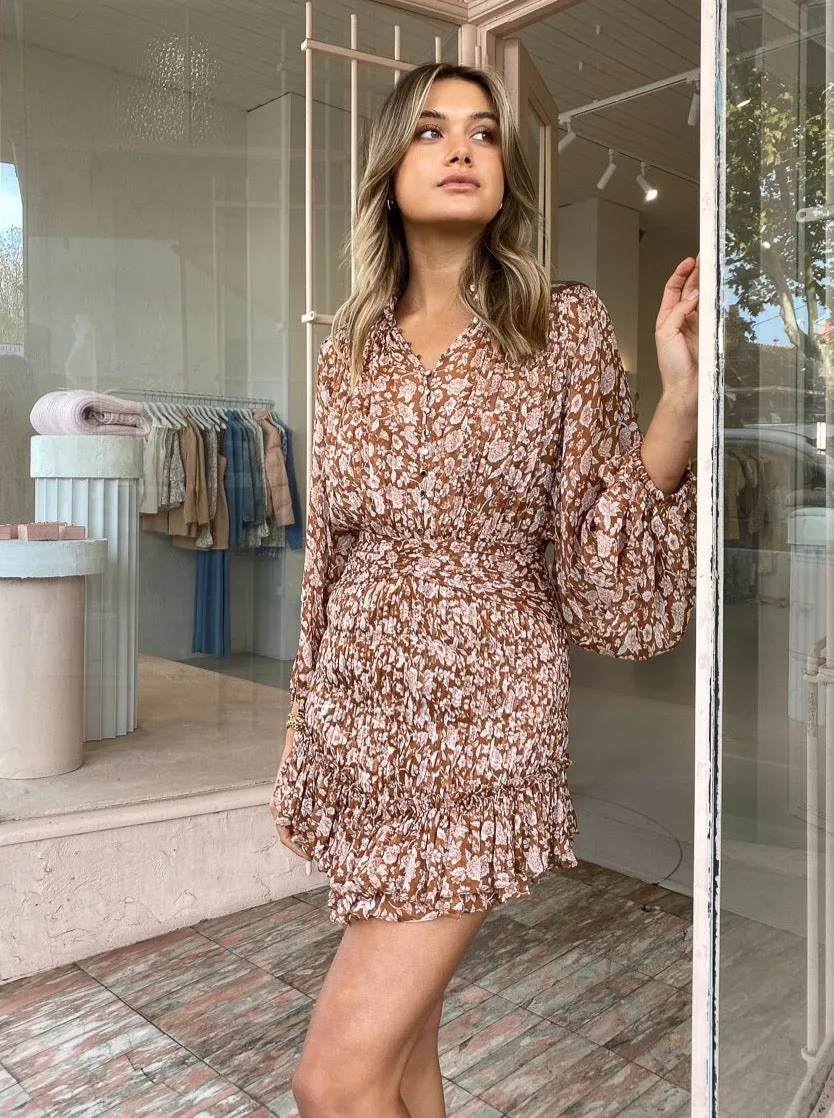 Shona Joy Odette Batwing Ruched Mini Dress in Clay/Ivory