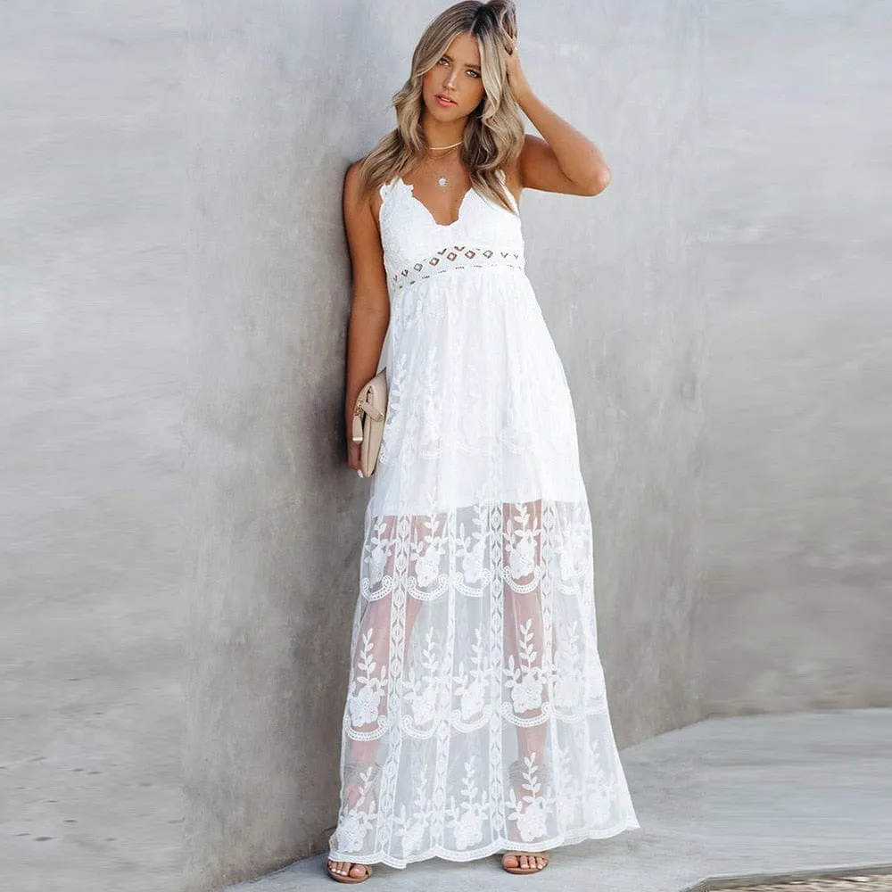 Spaghetti Strap Lace Boho Maxi Dress