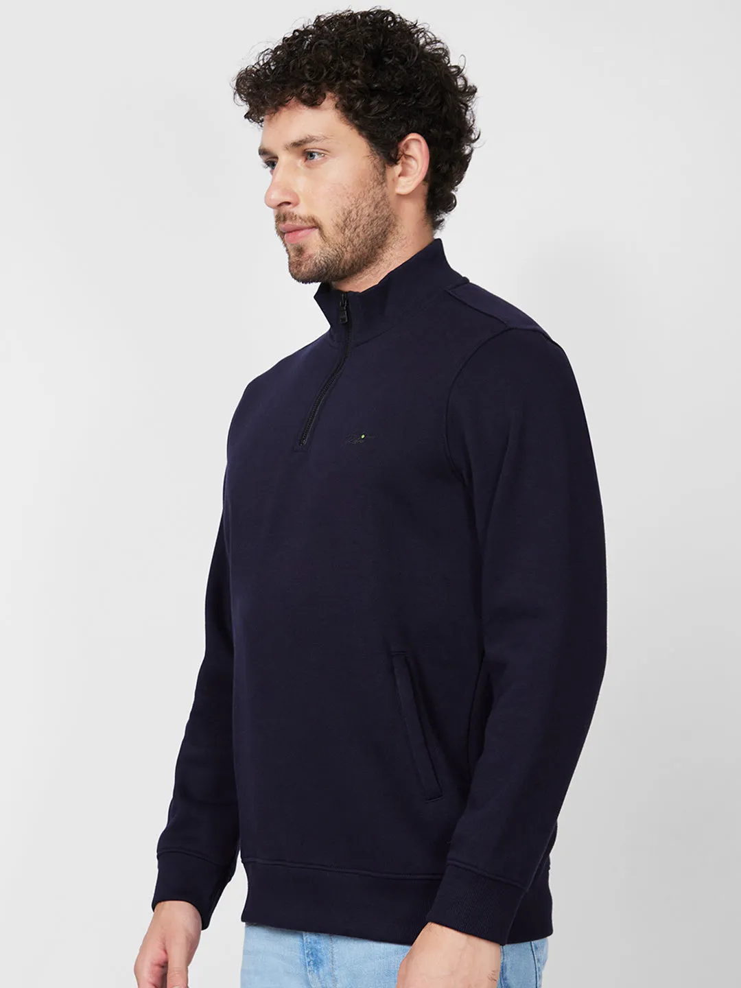 Spykar High Neck Full Sleeve Blue Sweatshirt For Men