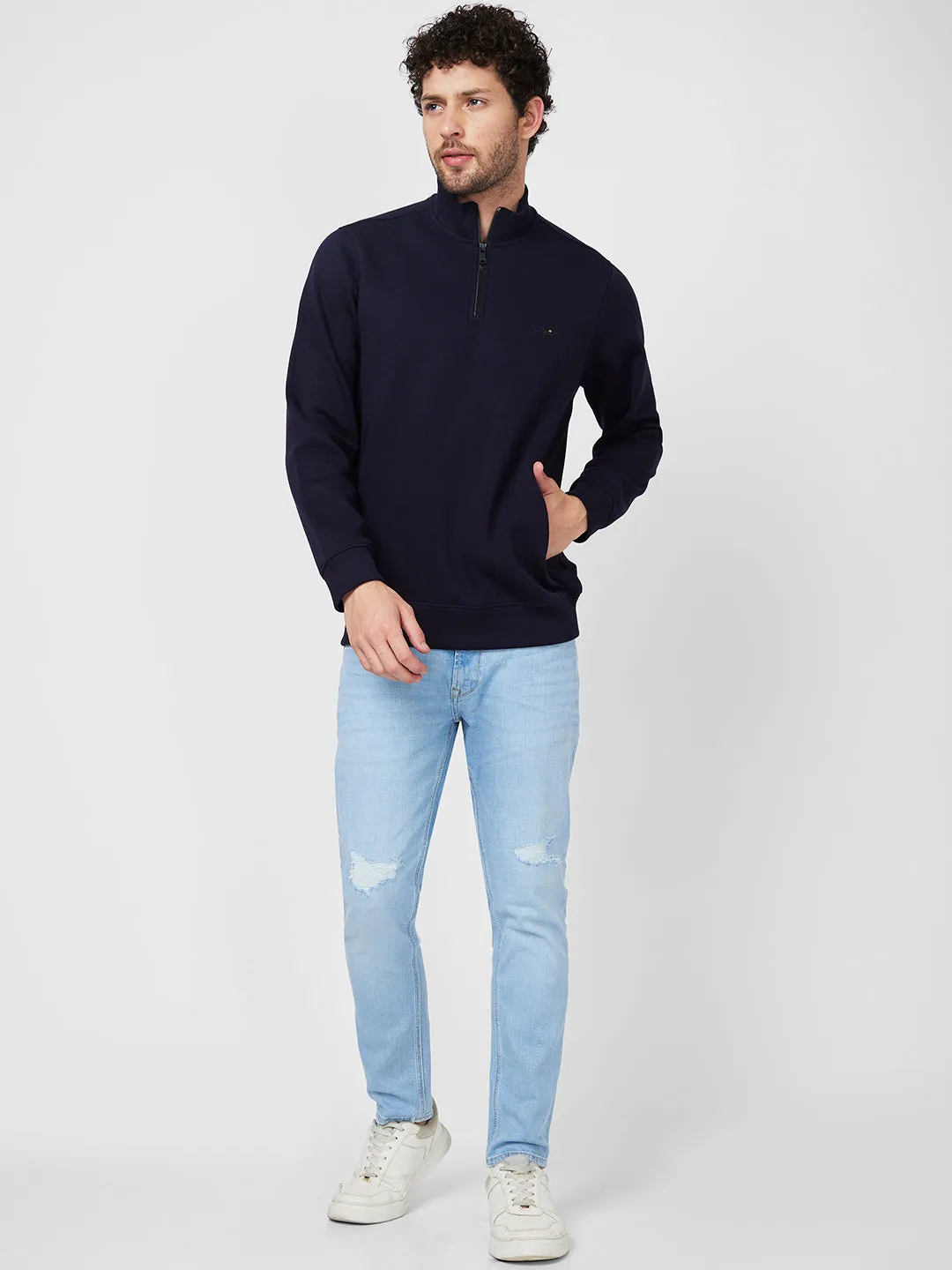 Spykar High Neck Full Sleeve Blue Sweatshirt For Men