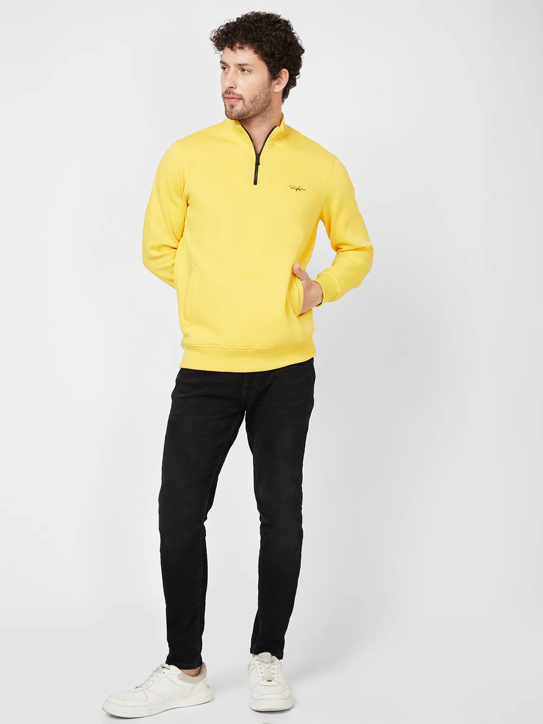 Spykar High Neck Full Sleeve Yellow Sweatshirt For Men
