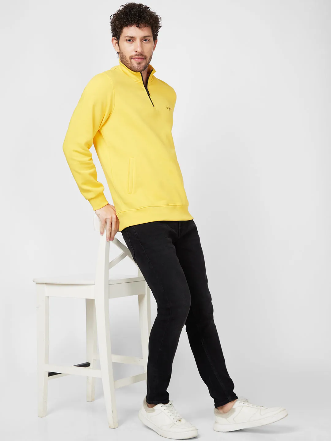 Spykar High Neck Full Sleeve Yellow Sweatshirt For Men