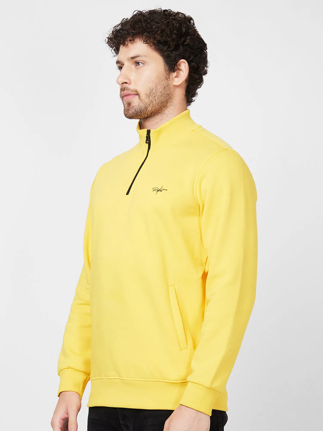 Spykar High Neck Full Sleeve Yellow Sweatshirt For Men