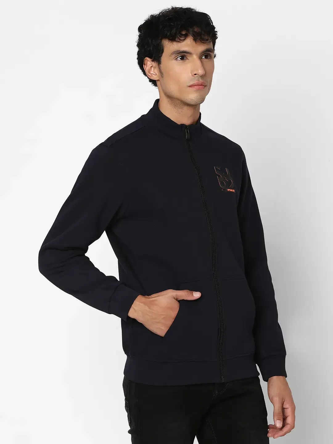 Spykar Men Navy Blue Blended Regular Fit Full Sleeve High Neck Printed Casual Sweatshirt
