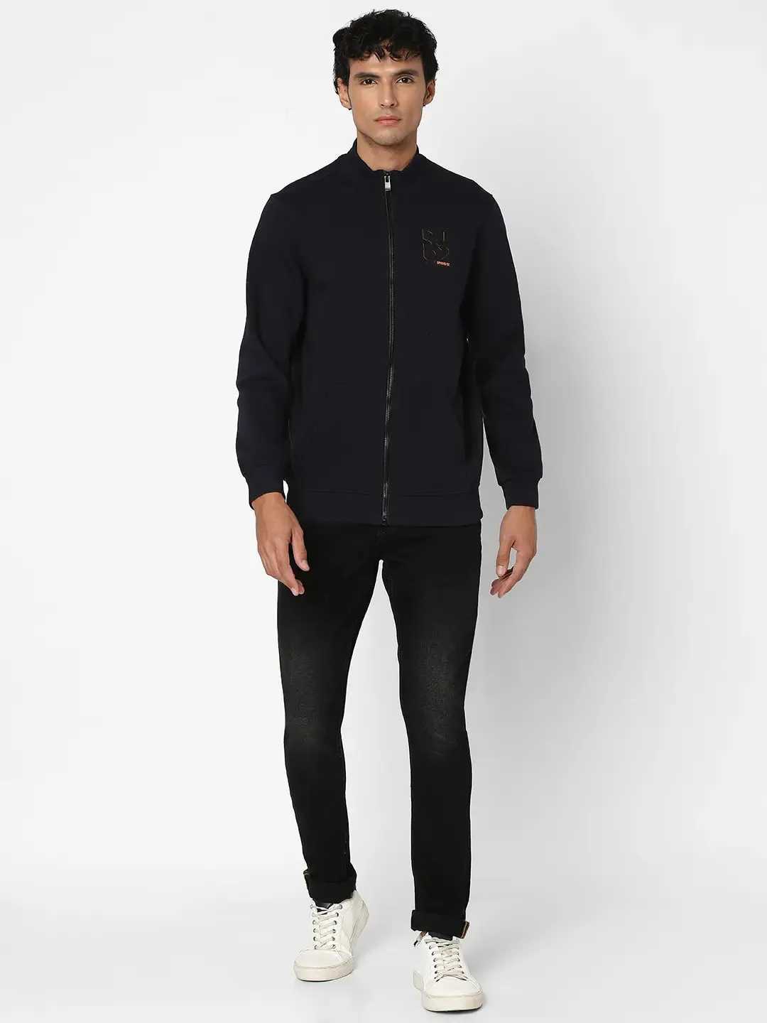 Spykar Men Navy Blue Blended Regular Fit Full Sleeve High Neck Printed Casual Sweatshirt