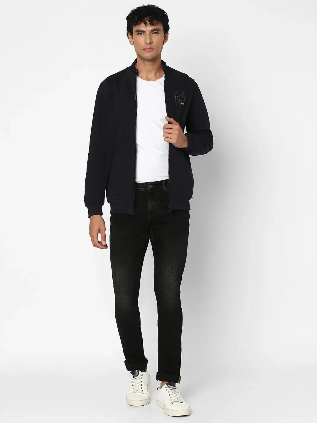 Spykar Men Navy Blue Blended Regular Fit Full Sleeve High Neck Printed Casual Sweatshirt