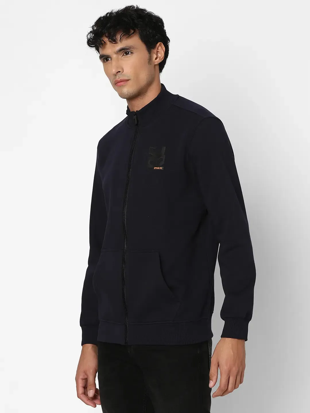 Spykar Men Navy Blue Blended Regular Fit Full Sleeve High Neck Printed Casual Sweatshirt