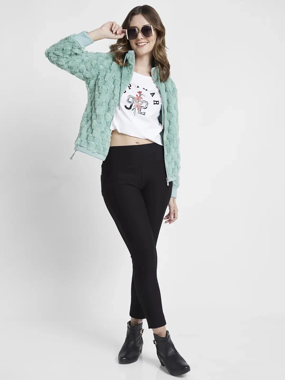 Spykar Women Green Regular Fit High Neck Plain Jacket