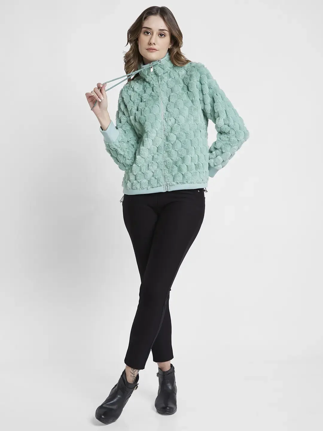 Spykar Women Green Regular Fit High Neck Plain Jacket